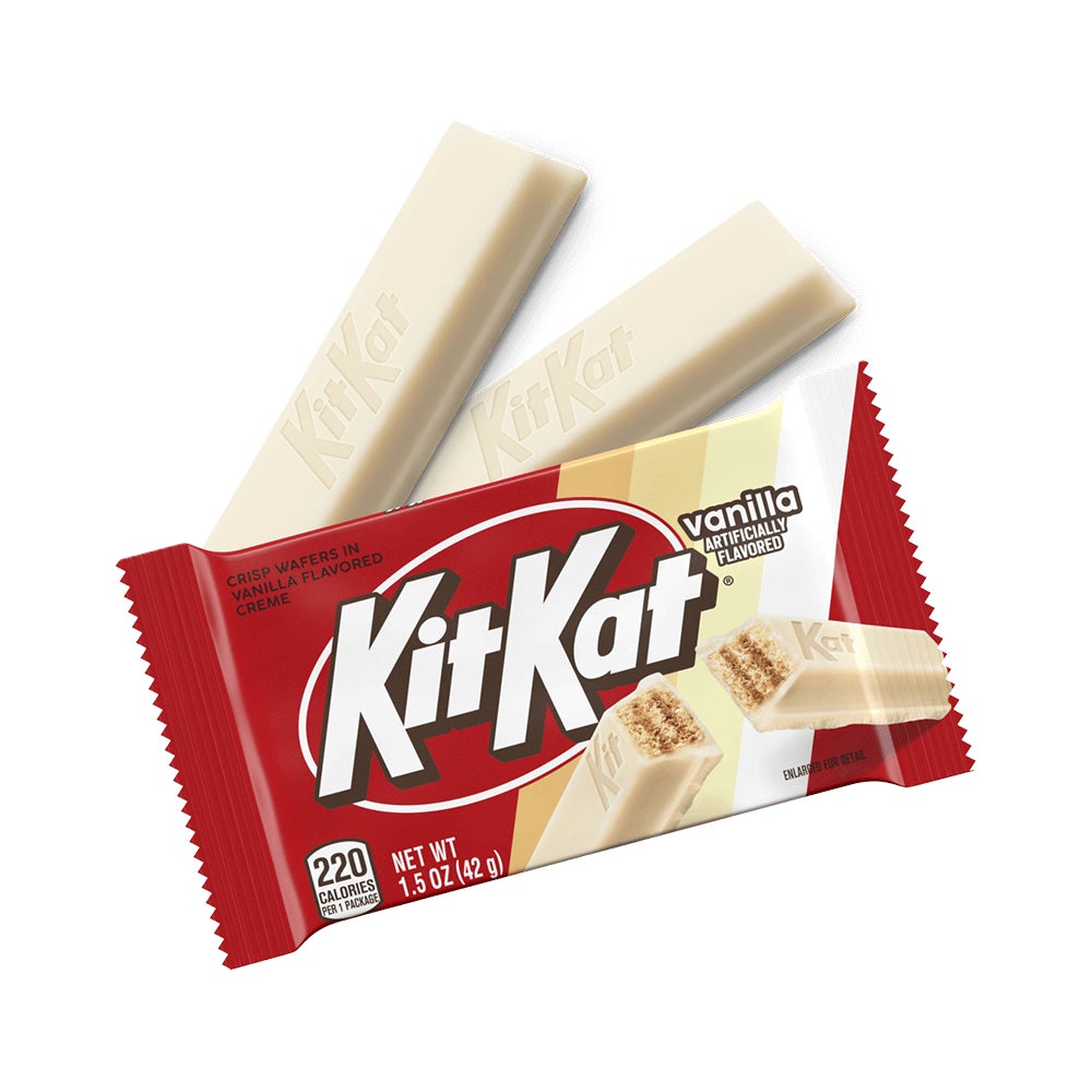 wrapped and unwrapped kit kat vanilla candy bar and wafers